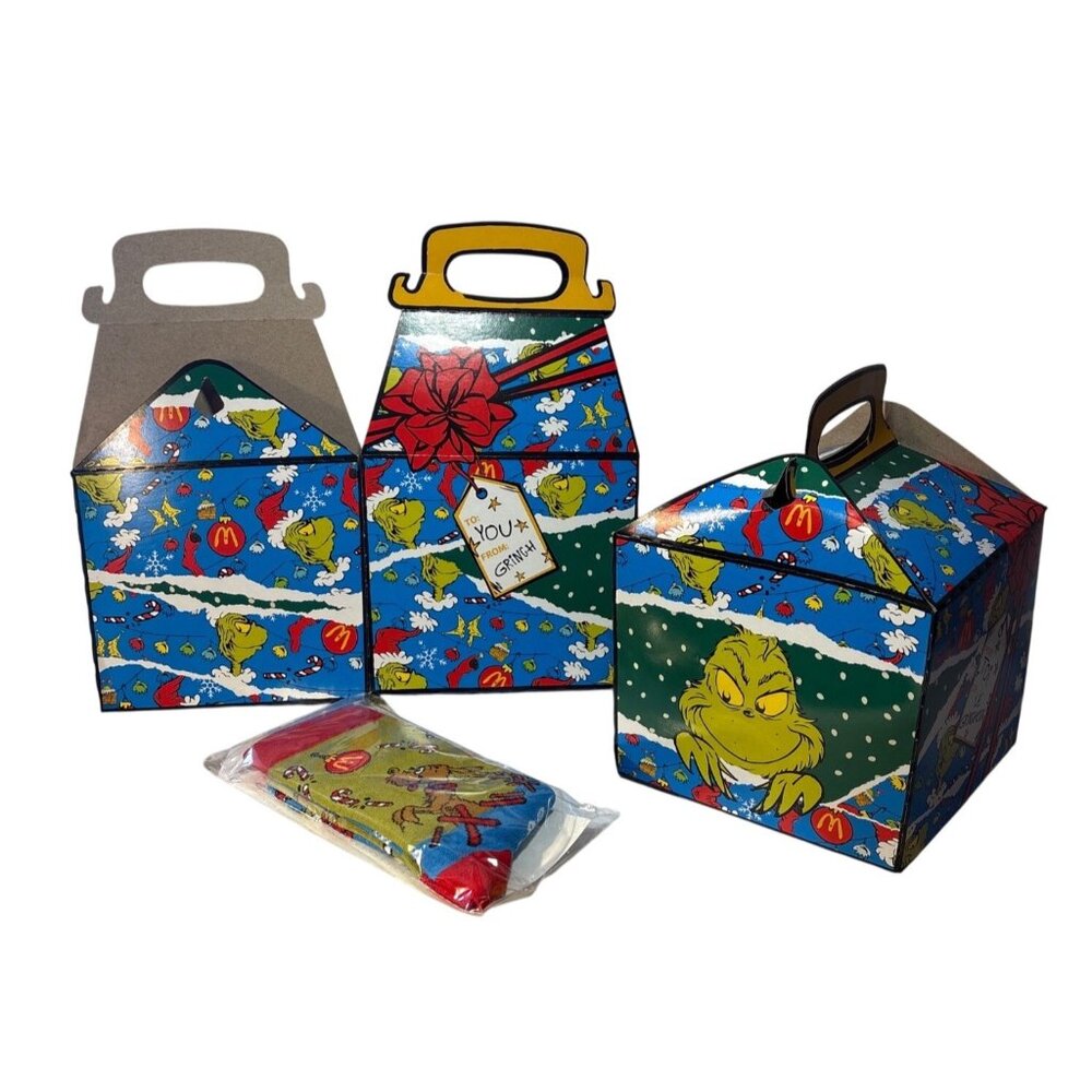 Dr. Seuss Grinch McDonalds 2025 Collectible 2 Gift Boxes & 1 Sock Set